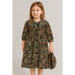 Vintage Floral Tapestry Dress & Bonnet Girls 6 Jacquard Fall Holiday Cottagecore